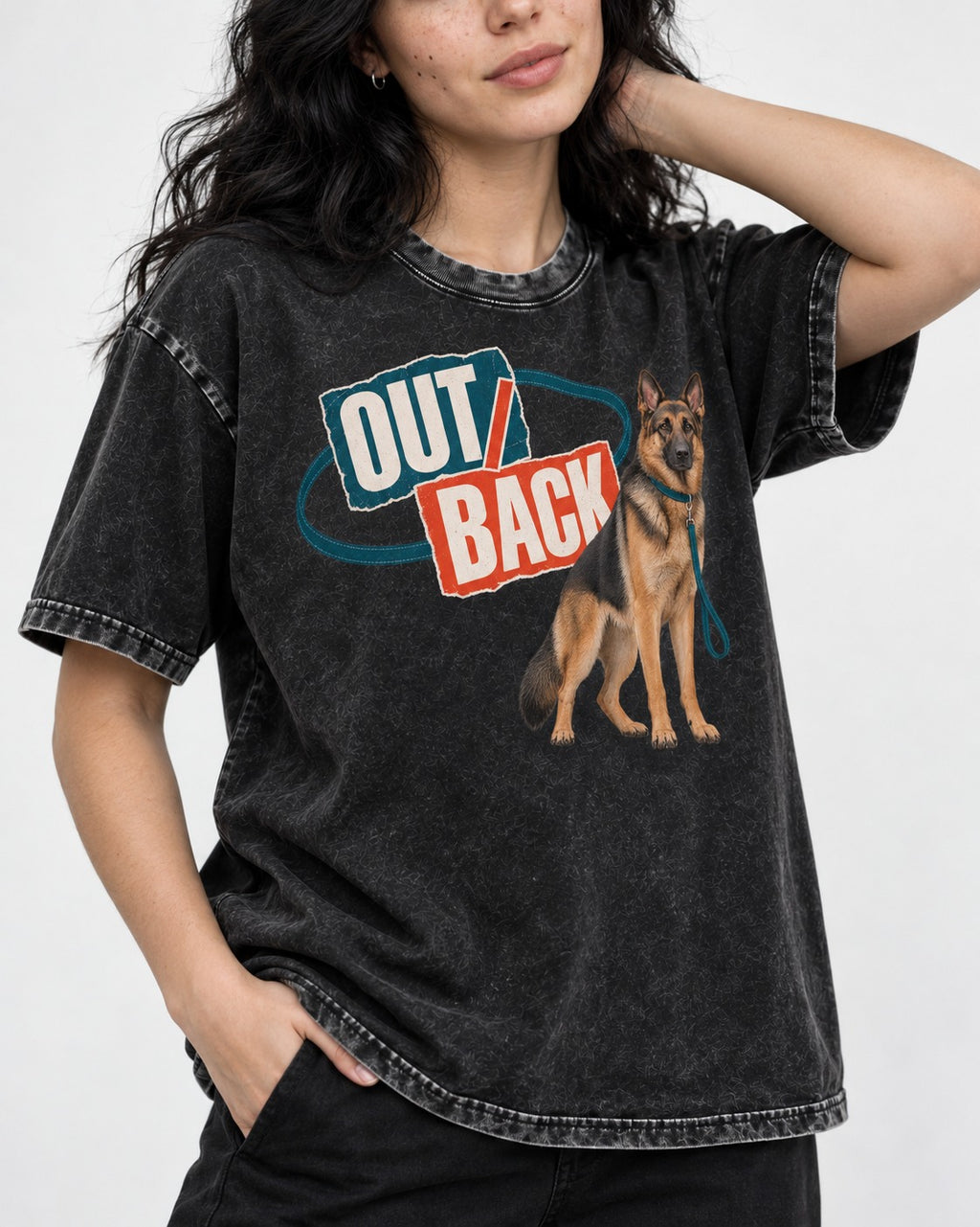 Out Back Leash German Shepherd Dog Graphic Washed Tee in Black, worn by a model, front view