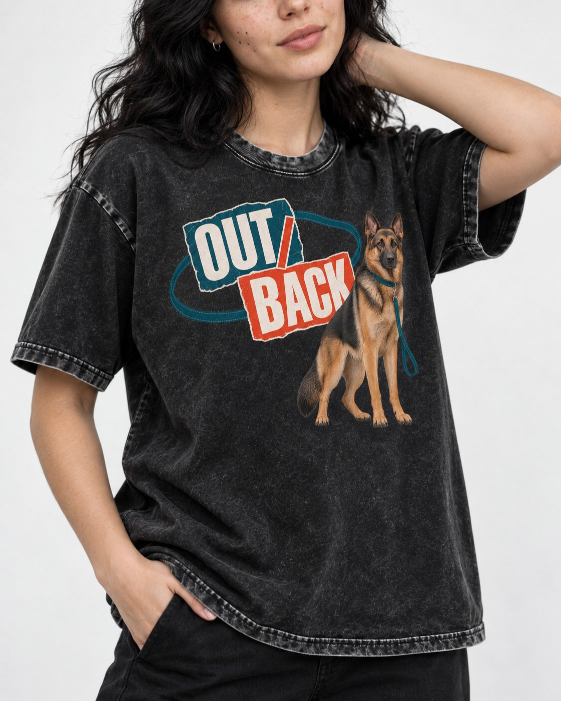 Out Back Leash German Shepherd Dog Graphic Washed Tee in Black, worn by a model, front view