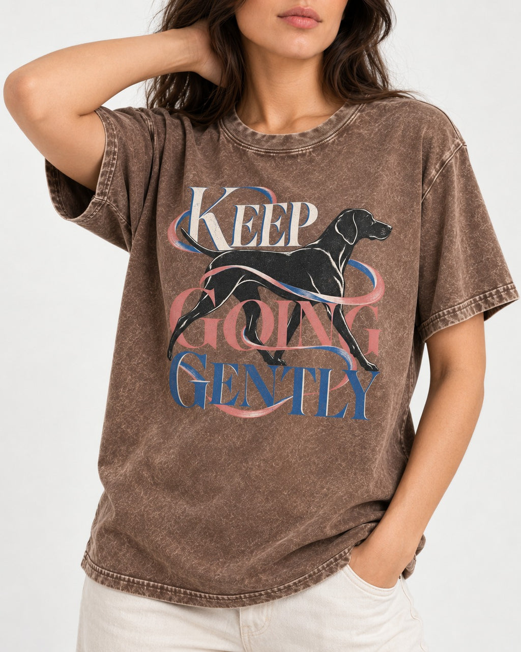 German Shorthaired Pointer Keep Going Gently Walking Graphic Washed Tee in Coffee, worn by a model, front view