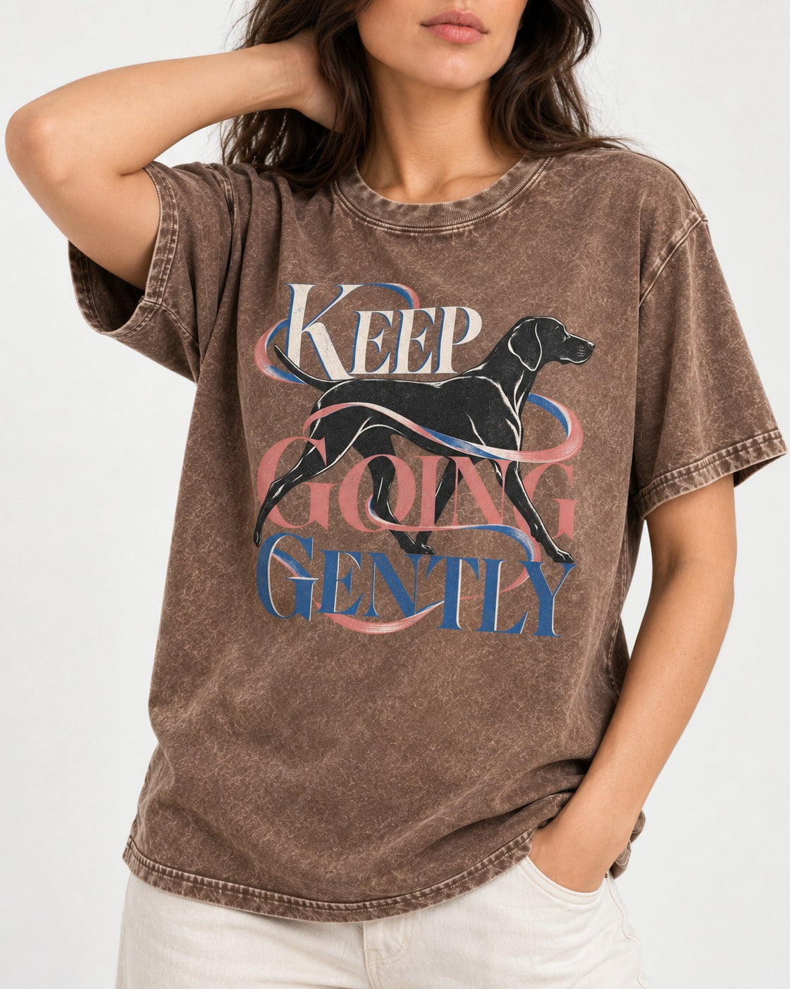 German Shorthaired Pointer Keep Going Gently Walking Graphic Washed Tee in Coffee, worn by a model, front view