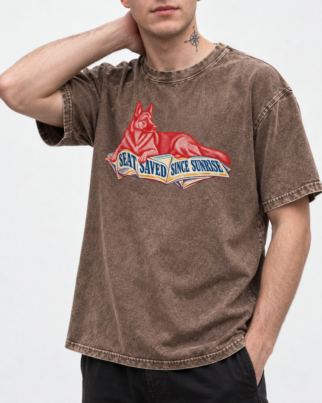 Seat Saved Since Sunrise German Shepherd Dog Washed Tee in Coffee, worn by a model, front view