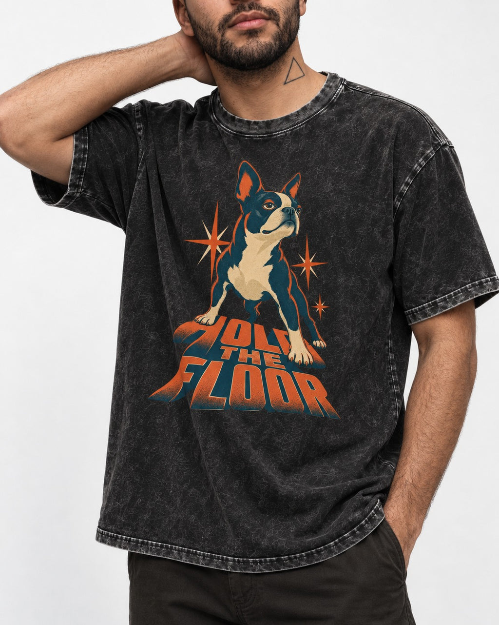 Boston Terrier On The Floor Perspective Graphic Washed Tee in Black, worn by a model, front view
