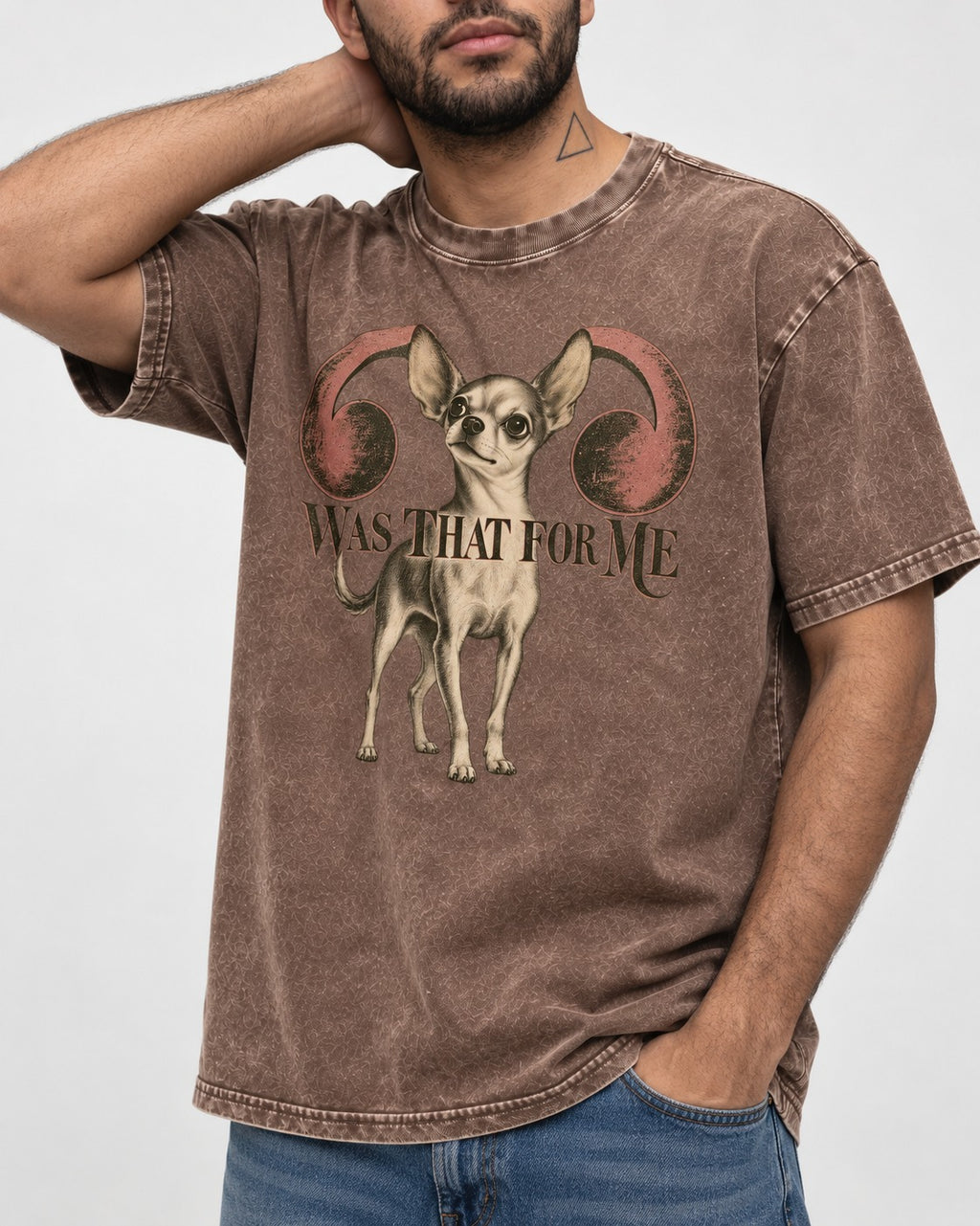 Chihuahua Was That for Me Washed Tee in Coffee, worn by a model, front view