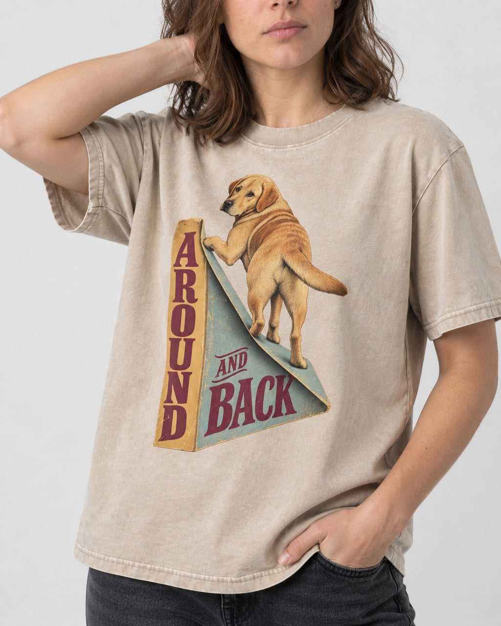 Labrador Retriever Around and Back Washed Tee in Apricot, worn by a model, front view