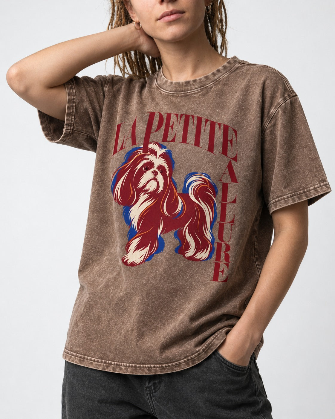La Petite Allure Shih Tzu Washed Tee in Coffee, worn by a model, front view