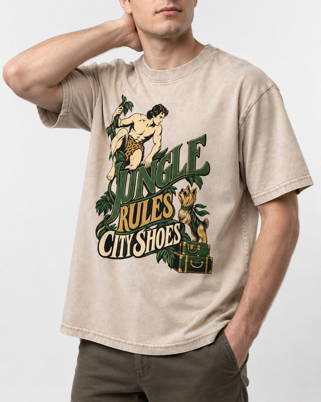 Jungle Rules City Shoes Yorkshire Terrier Washed Tee in Apricot, worn by a model, front view