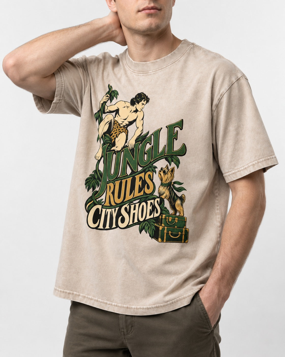 Jungle Rules City Shoes Yorkshire Terrier Washed Tee in Apricot, worn by a model, front view