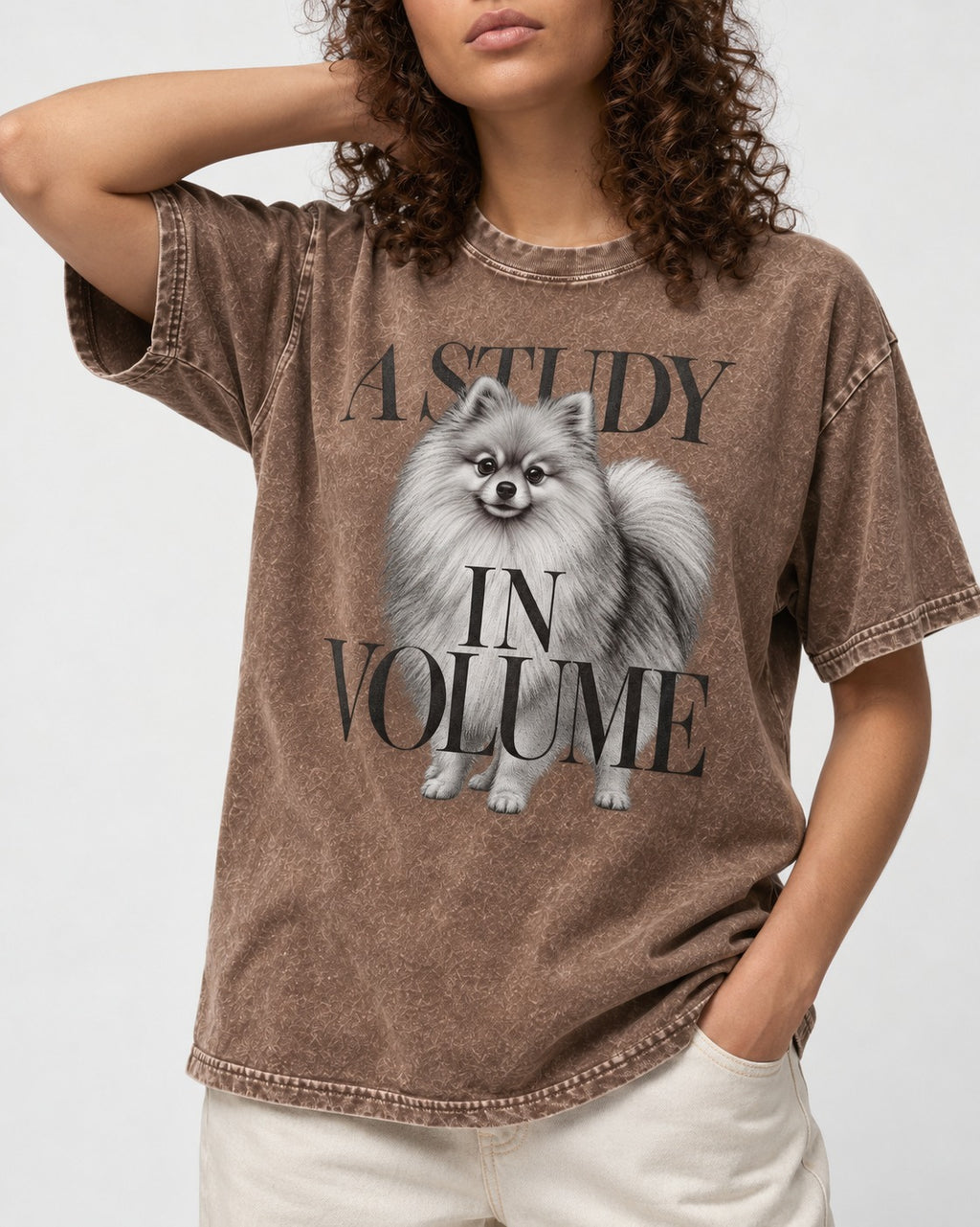 Pomeranian Study in Volume Washed Tee in Coffee, worn by a model, front view
