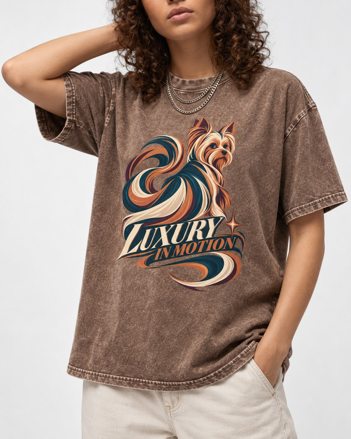 Yorkshire Terrier Luxury in Motion Washed Tee in Coffee, worn by a model, front view