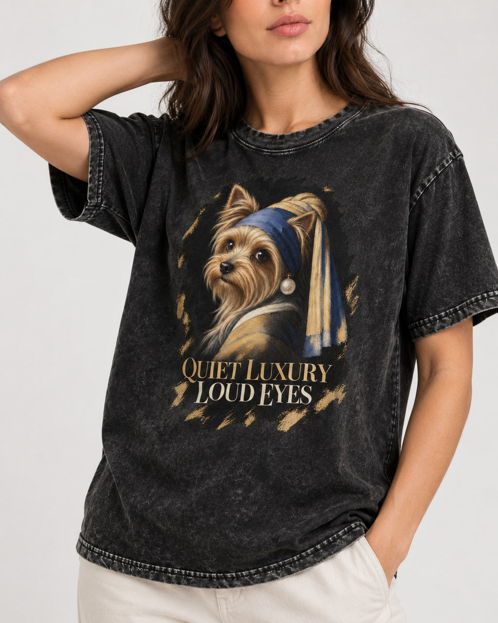 Yorkshire Terrier Quiet Luxury Loud Eyes Pearl Portrait Graphic Washed Tee in Black, worn by a model, front view