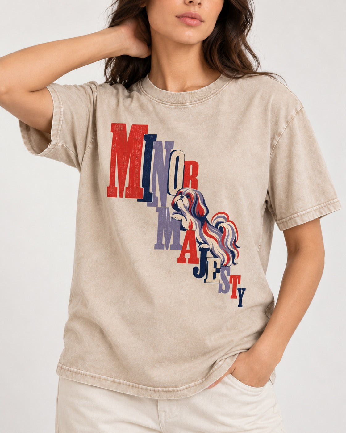 Shih Tzu Minor Majesty Washed Tee in Apricot, worn by a model, front view