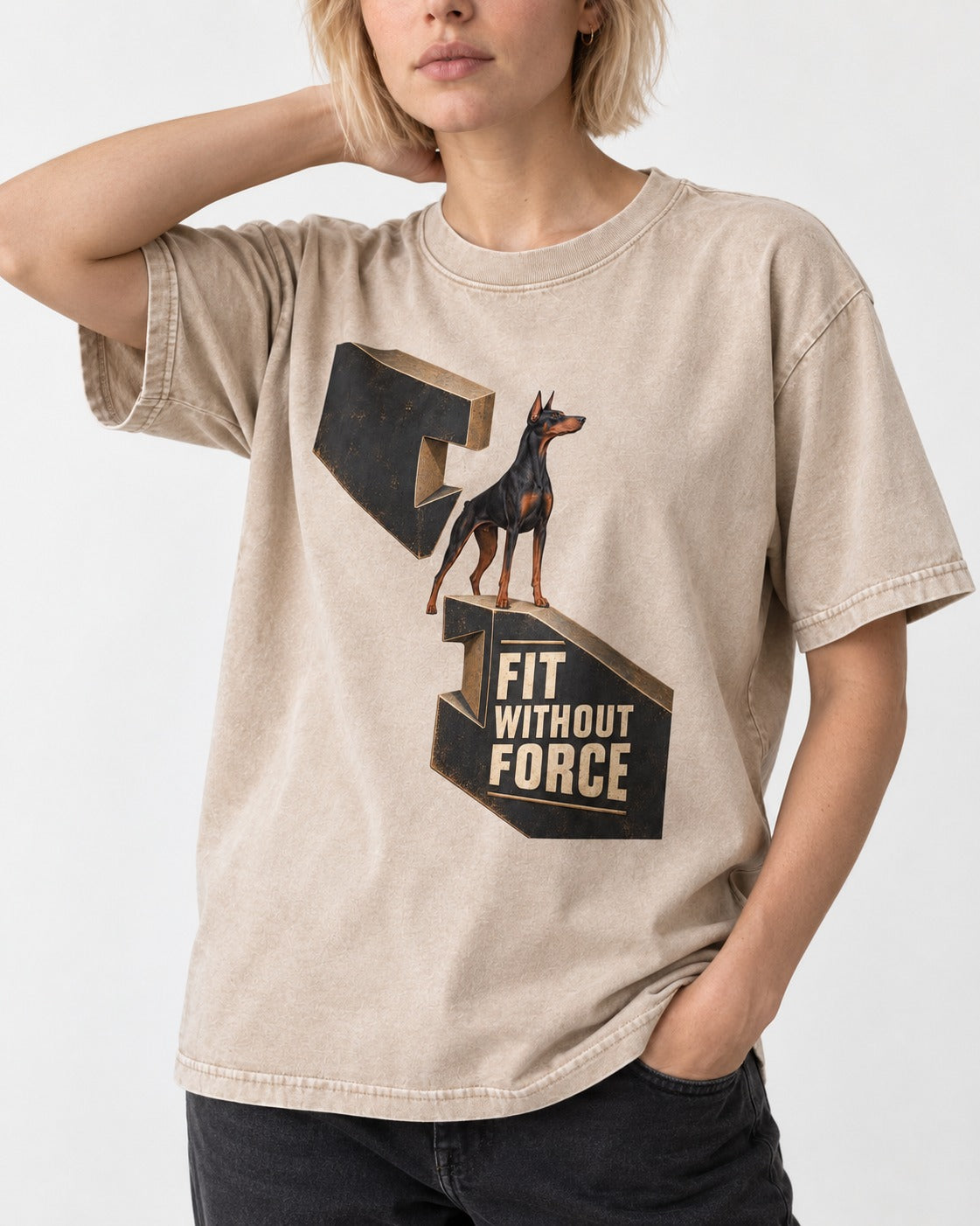 Doberman Fit Without Force Washed Tee in Apricot, worn by a model, front view