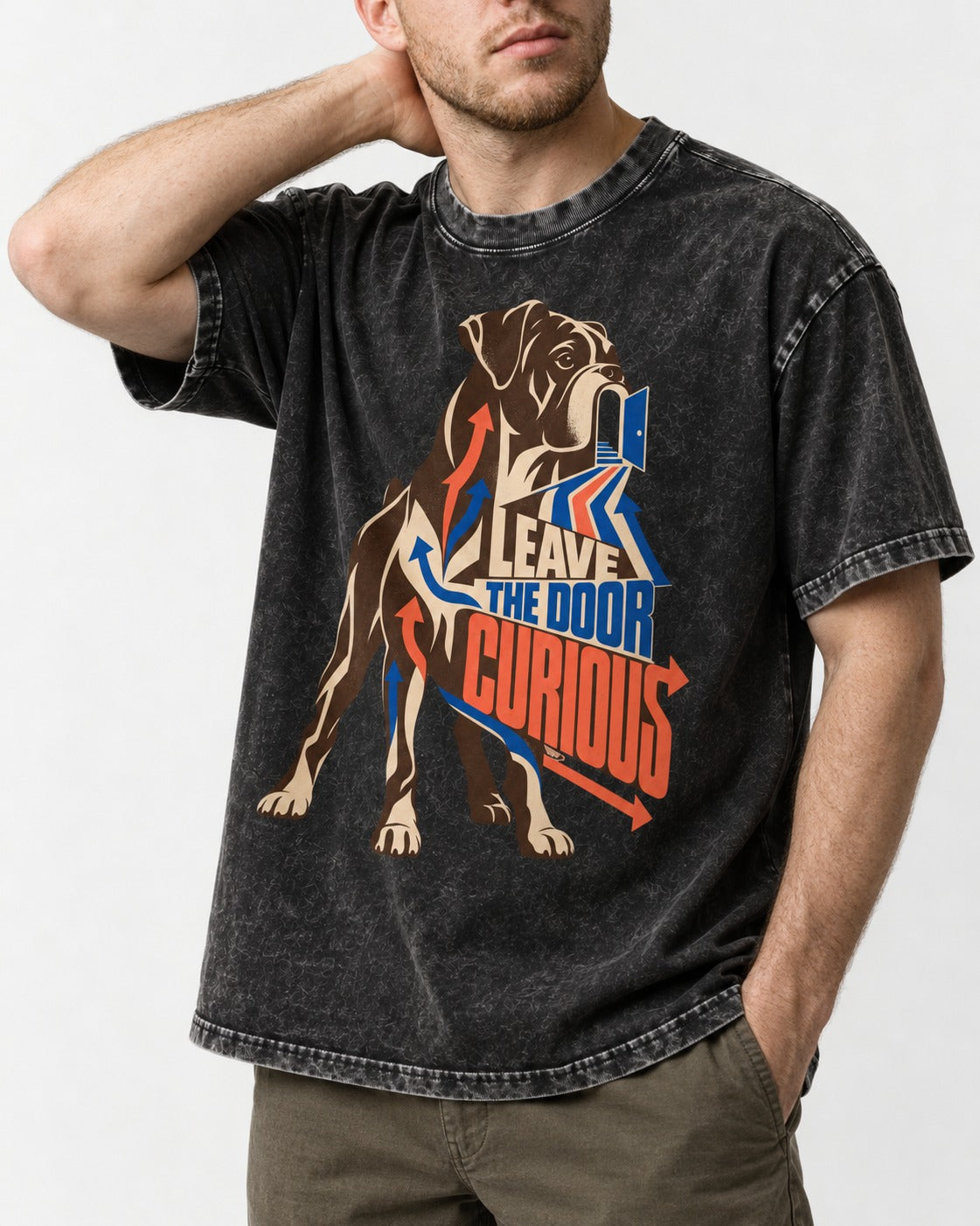 Leave the Door Curious Boxer Doorway Arrow Graphic Washed Tee in Black, worn by a model, front view