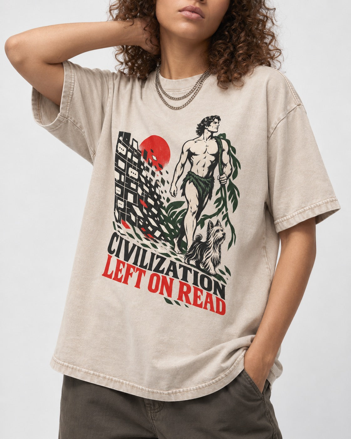 Yorkshire Terrier Left Civilization on Read Washed Tee in Apricot, worn by a model, front view