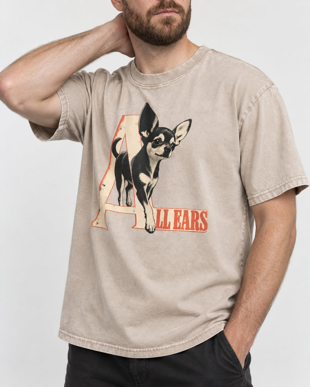 All Ears Chihuahua Washed Tee in Apricot, worn by a model, front view