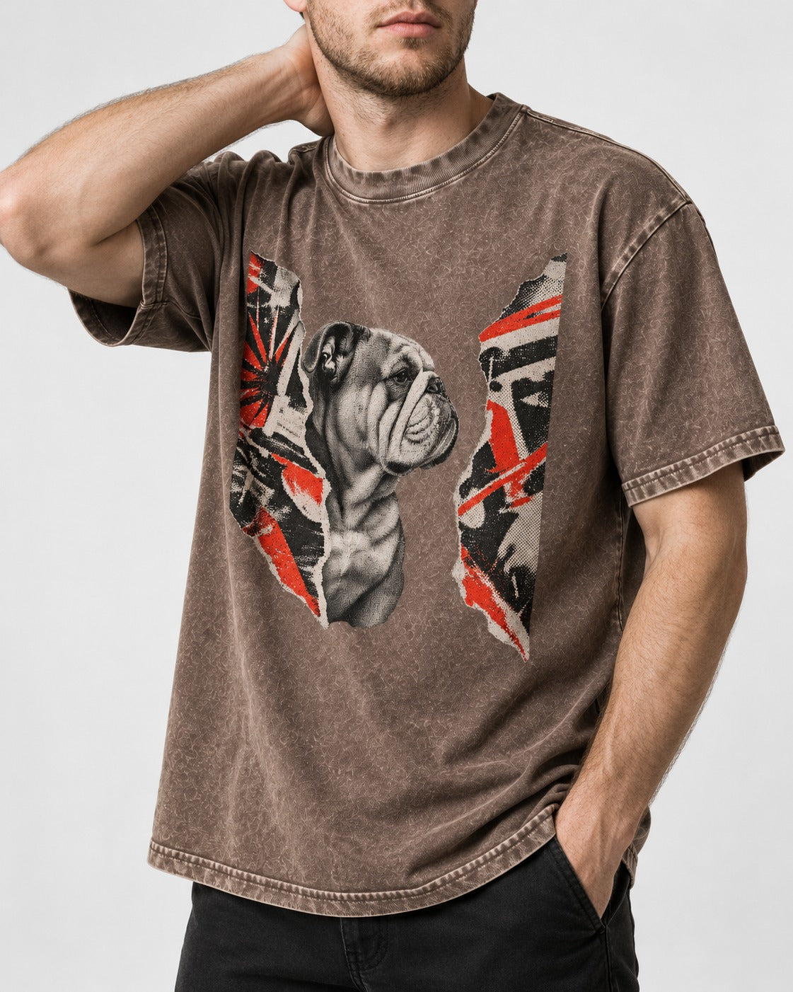 English Bulldog Unbowed Washed Tee in Coffee, worn by a model, front view