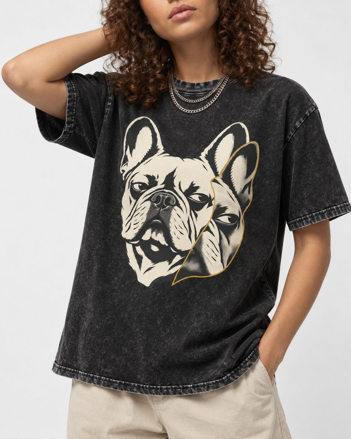 Frenchie Double Crop Side Eye Portrait Graphic Washed Tee in Black, worn by a model, front view
