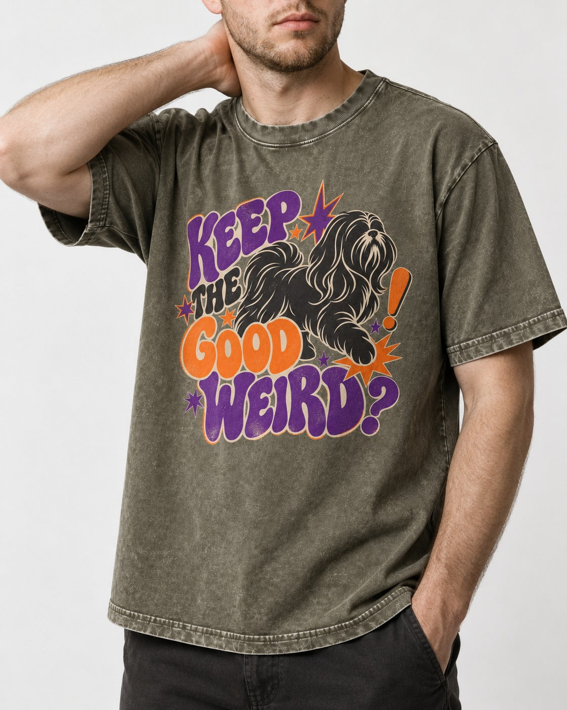 Shih Tzu Keep the Good Weird Retro Typography Graphic Washed Tee in Army Green, worn by a model, front view