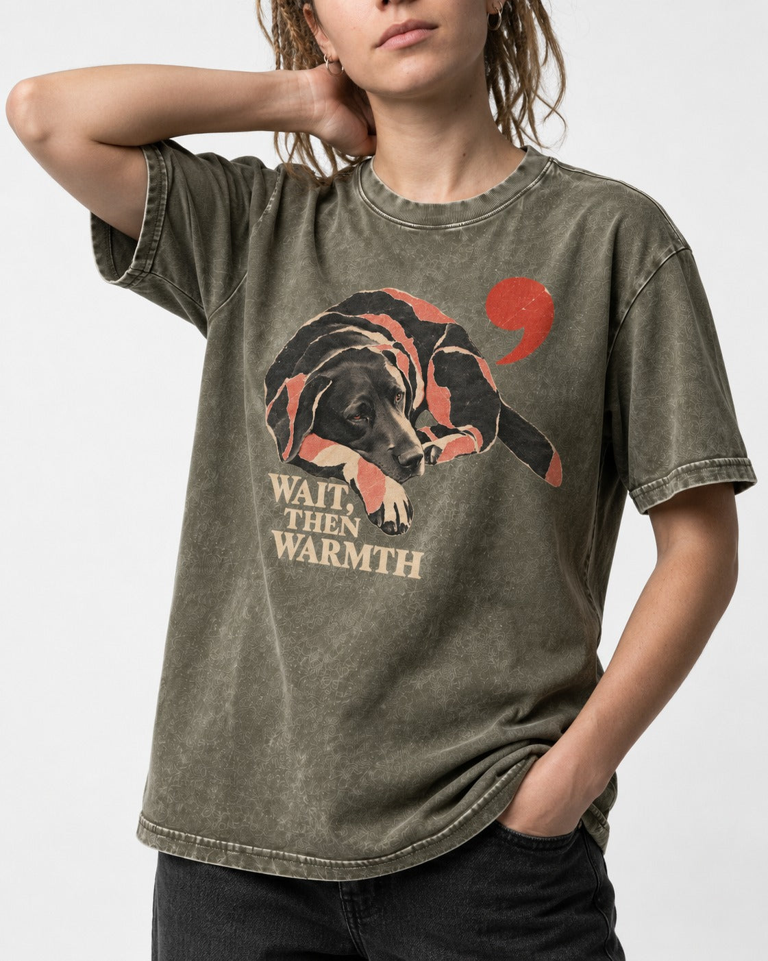 Labrador Retriever Wait Then Warmth Blanket Pause Graphic Washed Tee in Army Green, worn by a model, front view