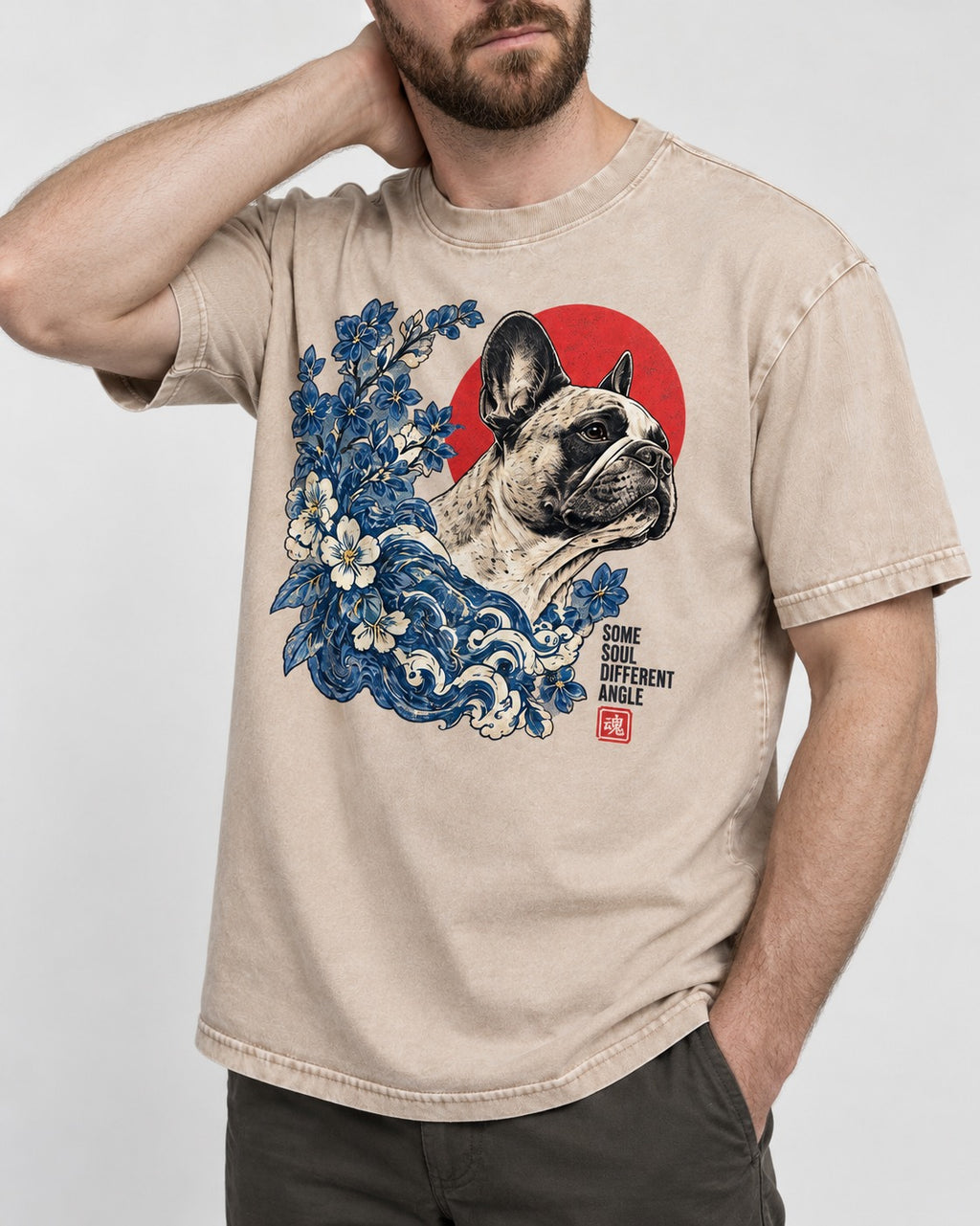 Some Soul Different Angle Frenchie Washed Tee in Apricot, worn by a model, front view