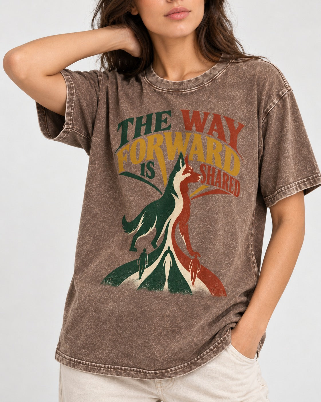 Shared Way Forward German Shepherd Dog Washed Tee in Coffee, worn by a model, front view