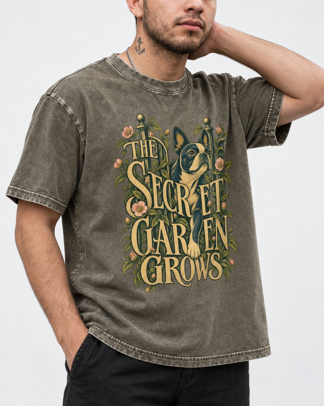 The Secret Garden Grows Boston Terrier Washed Tee in Army Green, worn by a model, front view