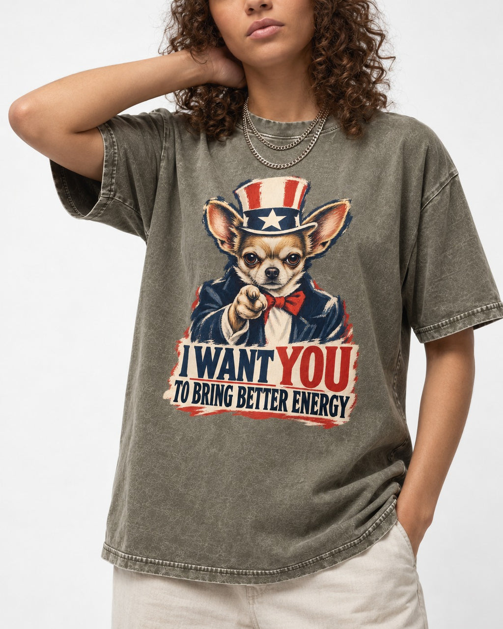 Chihuahua I Want You to Bring Better Energy Uncle Sam Graphic Washed Tee in Army Green, worn by a model, front view