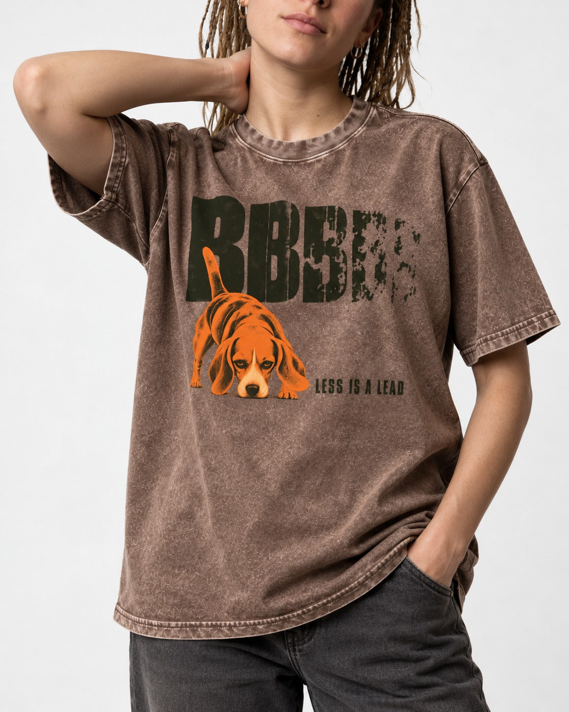 Less Is a Lead Beagle Washed Tee in Coffee, worn by a model, front view
