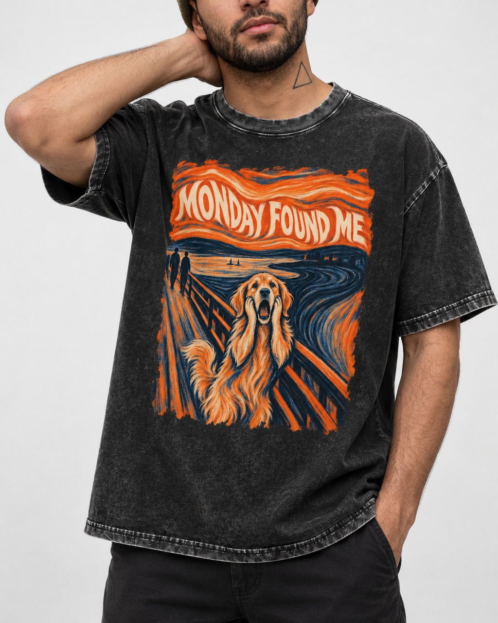 Monday Found Me Scream Golden Retriever Graphic Washed Tee in Black, worn by a model, front view