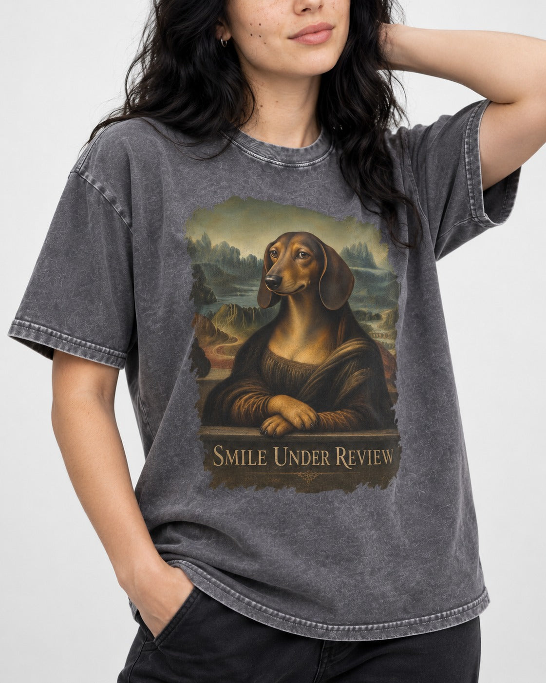 Dachshund Smile Under Review Mona Lisa Graphic Washed Tee in Gray, worn by a model, front view