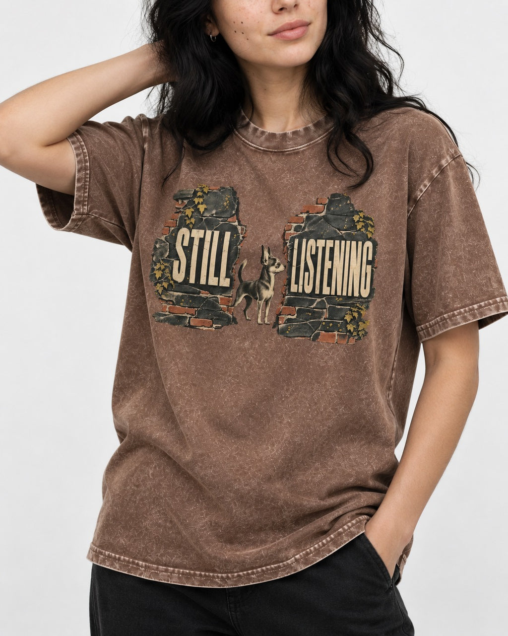 Chihuahua Still Listening Washed Tee in Coffee, worn by a model, front view