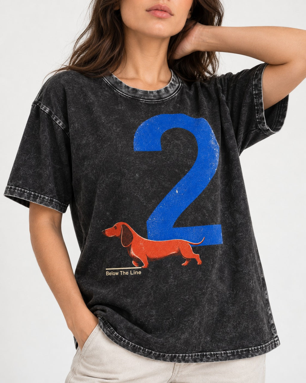 Dachshund Below The Line Number Two Graphic Washed Tee in Black, worn by a model, front view