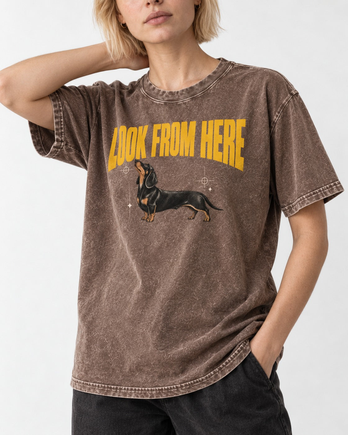Dachshund Look From Here Washed Tee in Coffee, worn by a model, front view