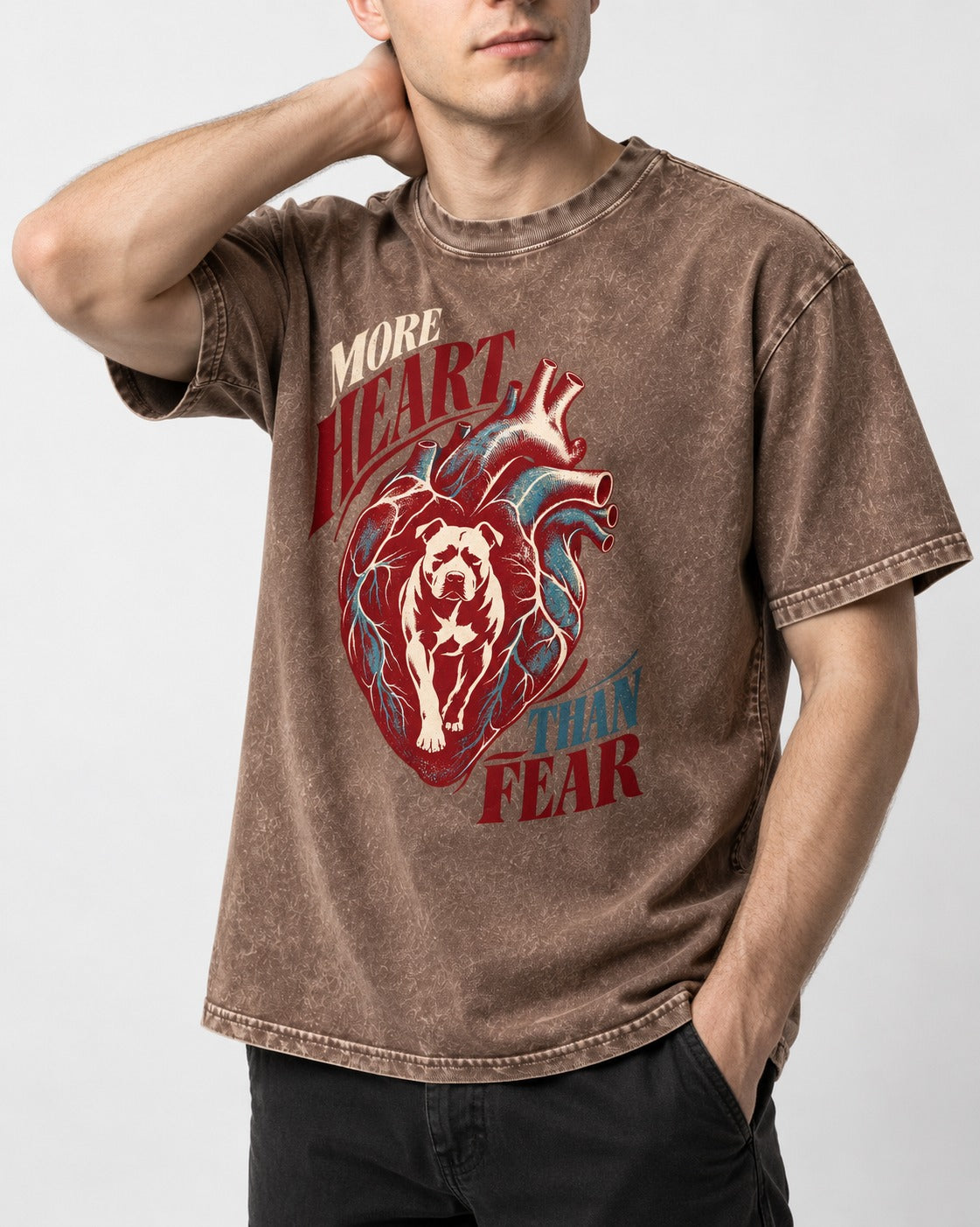 Pitbull More Heart Than Fear Anatomical Heart Graphic Washed Tee in Coffee, worn by a model, front view
