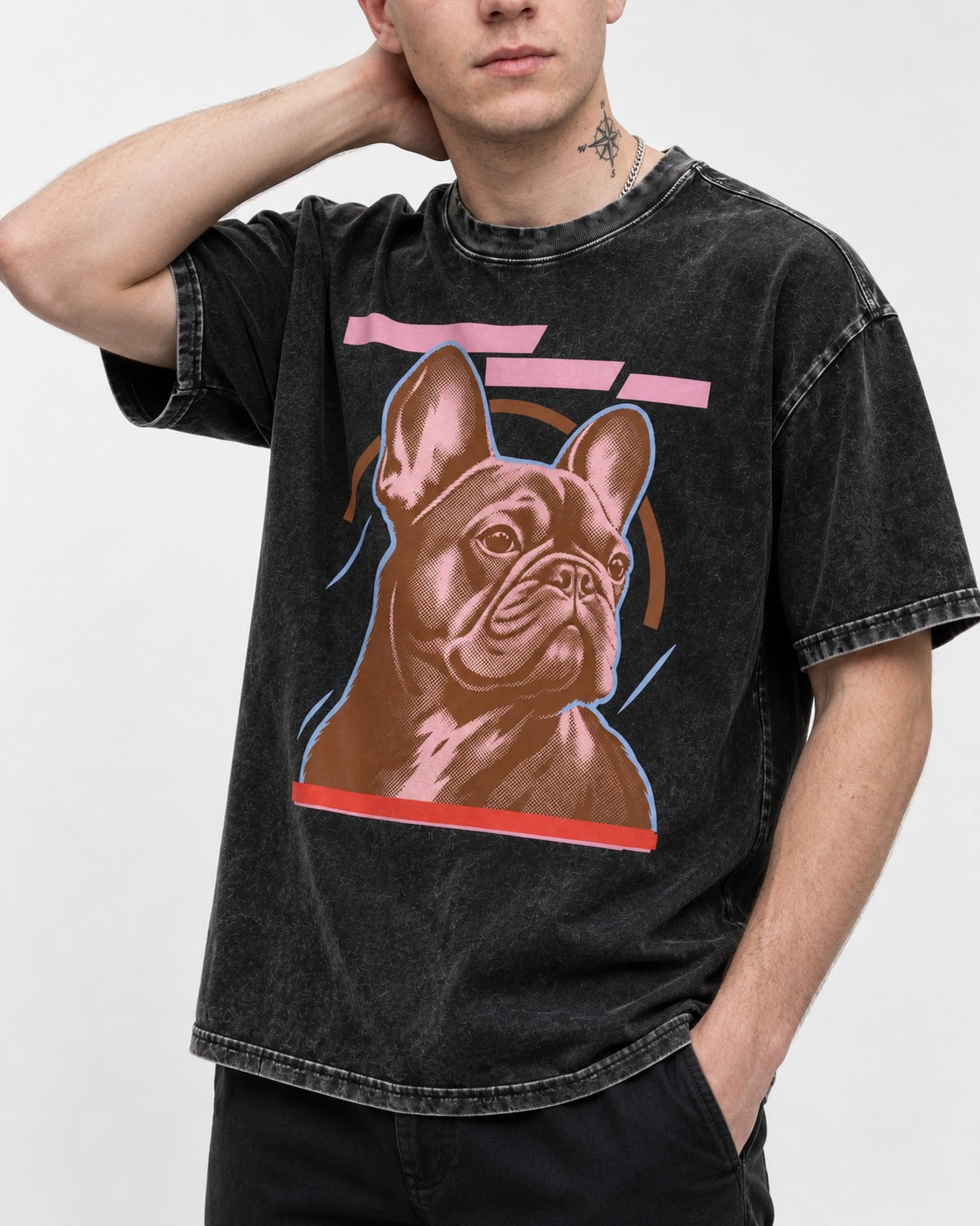 Frenchie Geometric Portrait Graphic Washed Tee in Black, worn by a model, front view