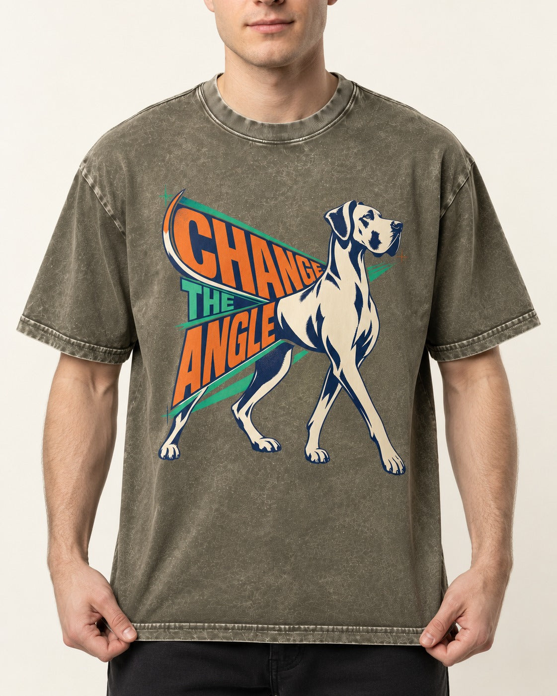 Great Dane Change the Angle Walking Graphic Washed Tee in Army Green, worn by a model, front view