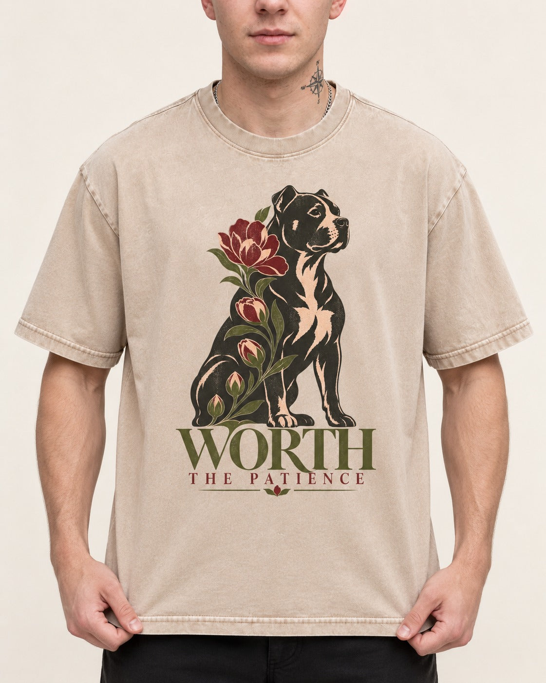 Pitbull Worth the Patience Washed Tee in Apricot, worn by a model, front view