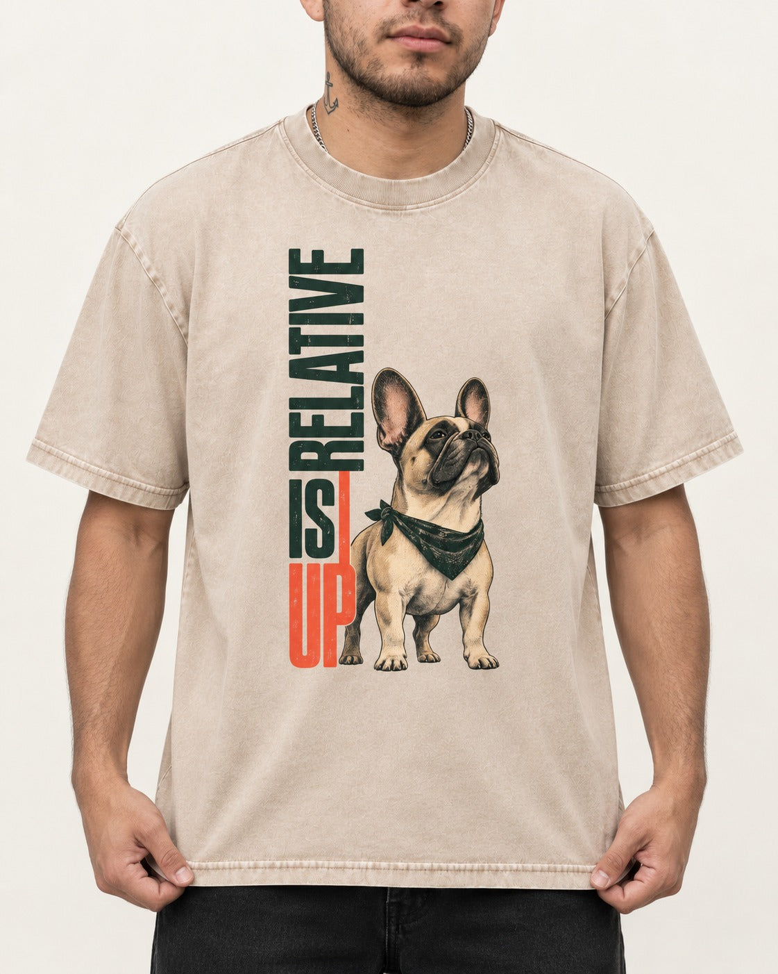 Up Is Relative Frenchie Washed Tee in Apricot, worn by a model, front view