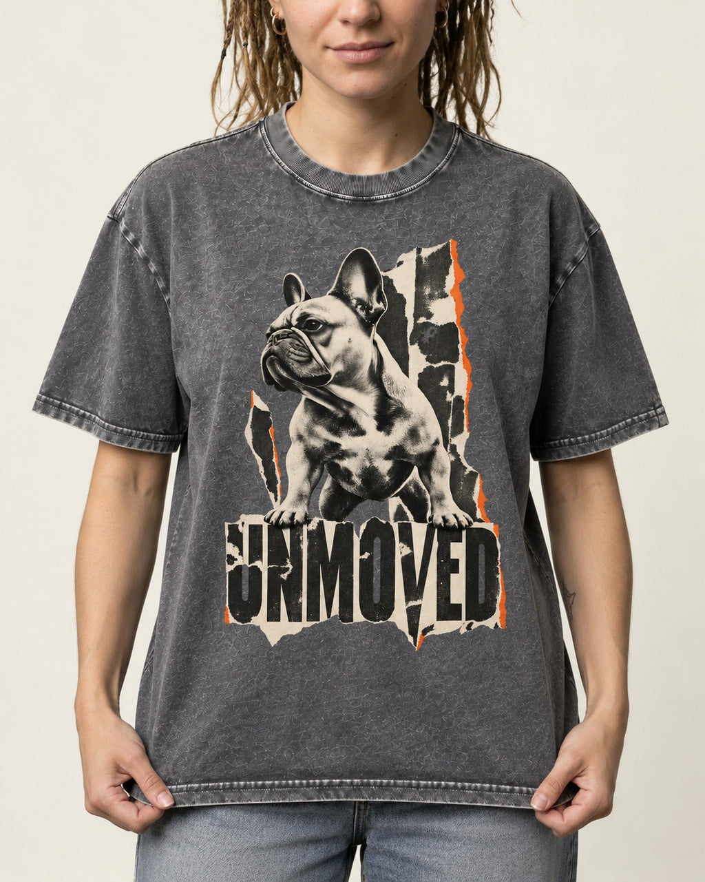 Frenchie Unmoved Torn Poster Graphic Washed Tee in Gray, worn by a model, front view