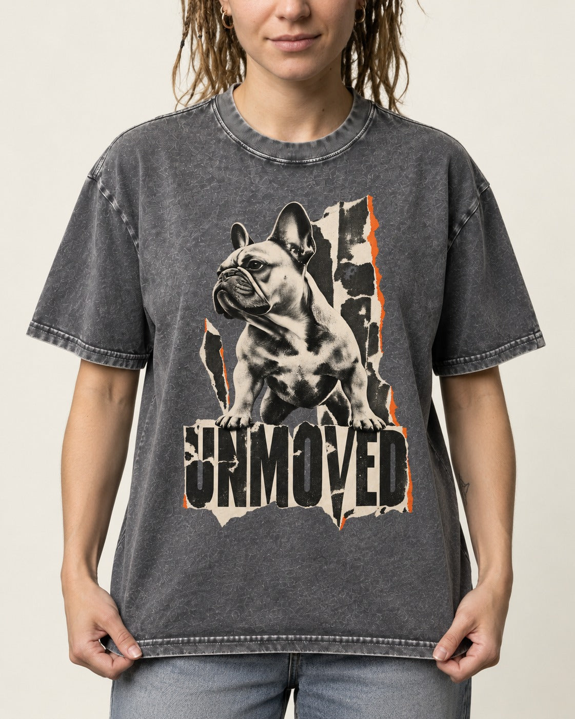 Frenchie Unmoved Torn Poster Graphic Washed Tee in Gray, worn by a model, front view