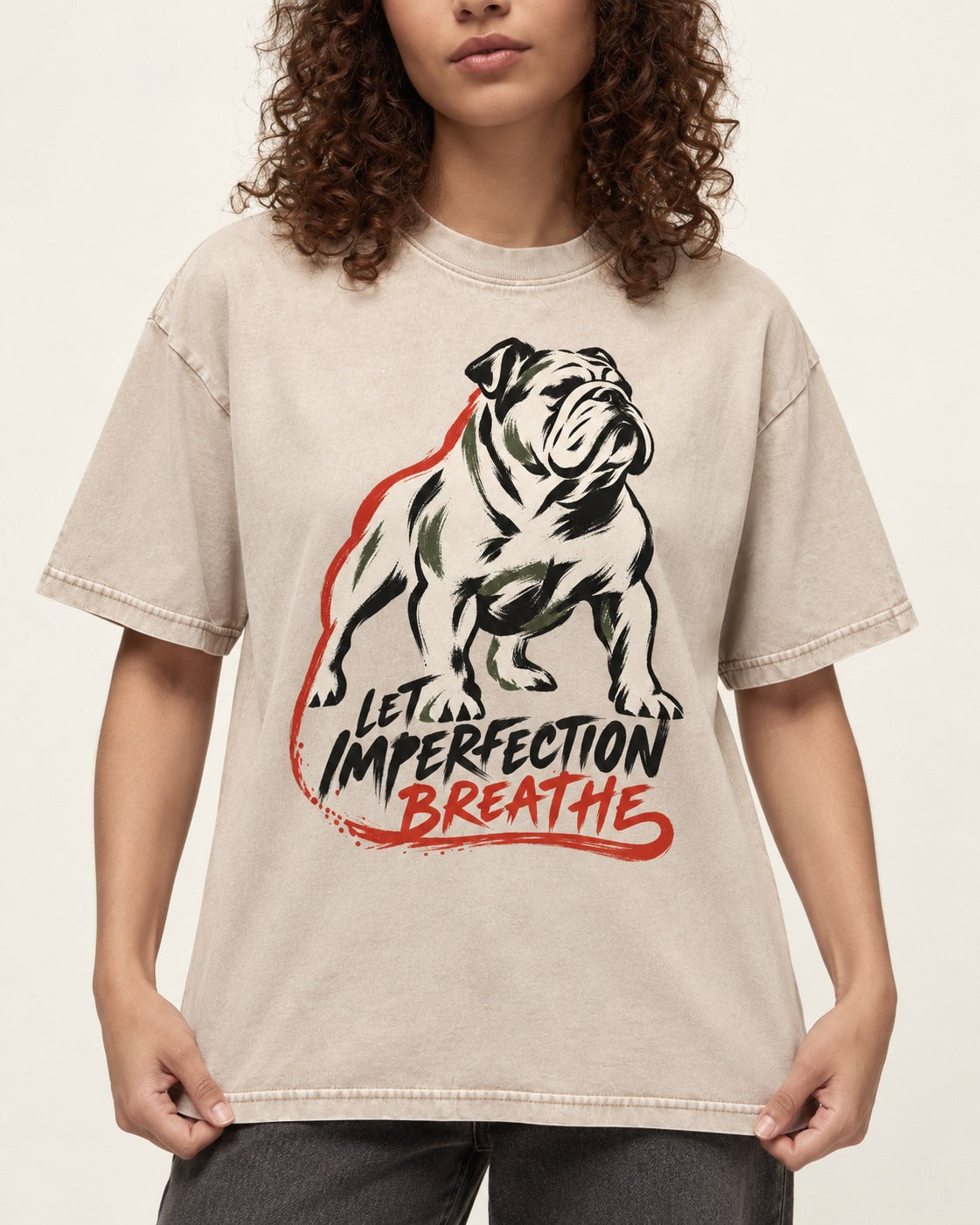 Let Imperfection Breathe English Bulldog Washed Tee in Apricot, worn by a model, front view