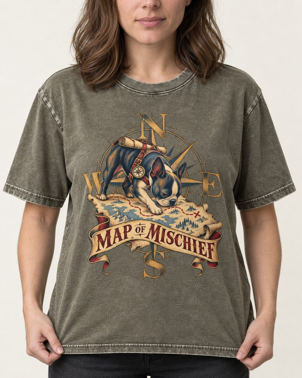 Map of Mischief Boston Terrier Washed Tee in Army Green, worn by a model, front view