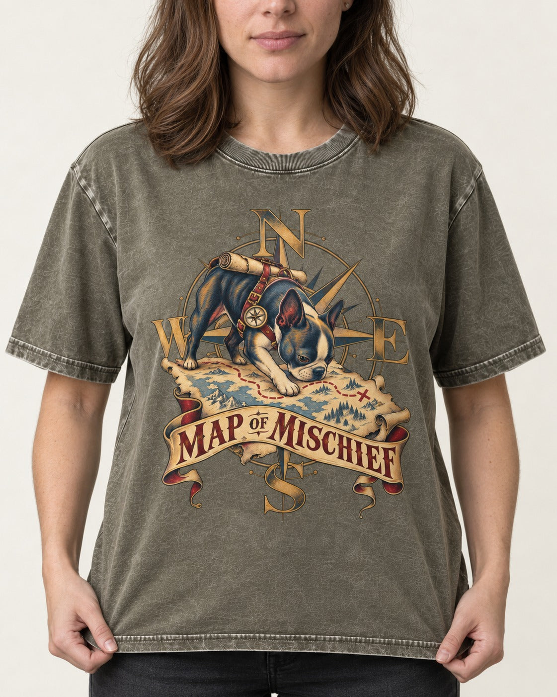 Map of Mischief Boston Terrier Washed Tee in Army Green, worn by a model, front view