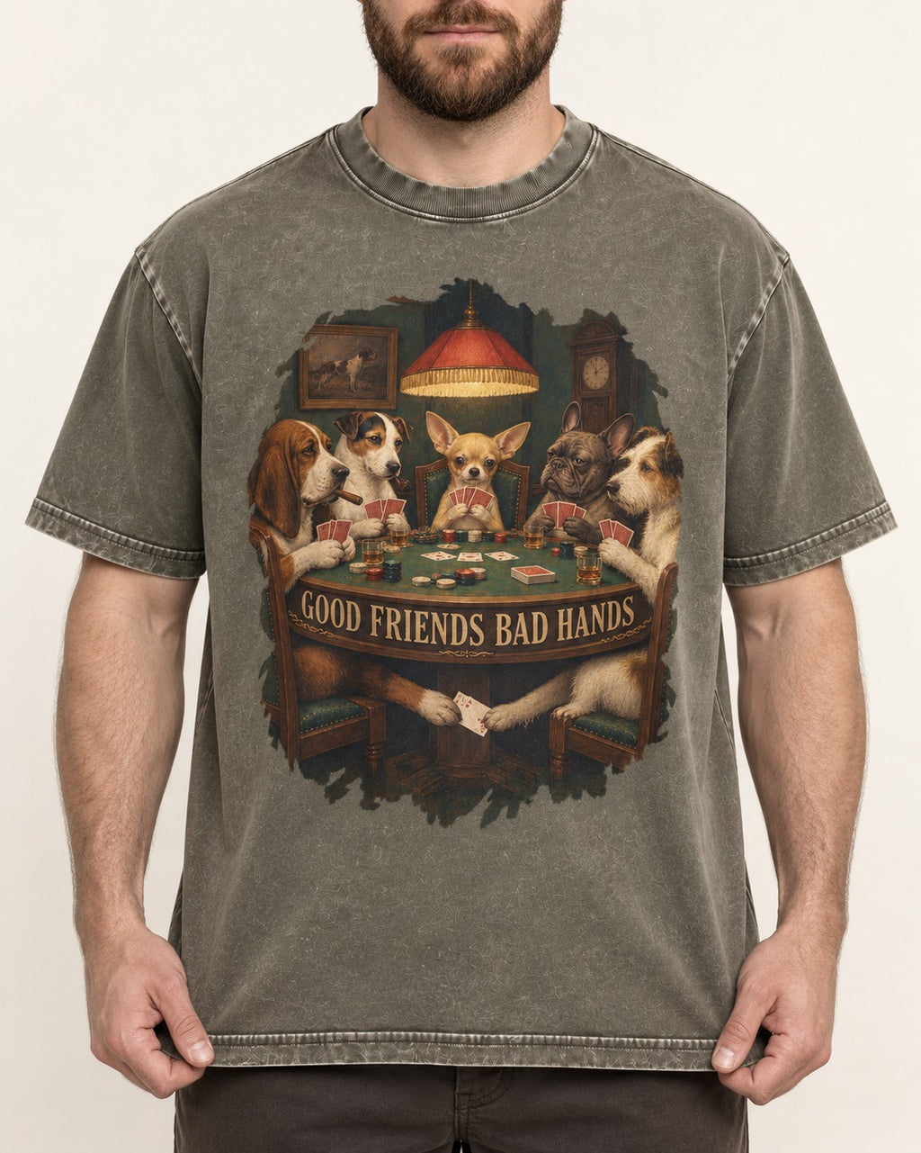 Good Friends Bad Hands Chihuahua Poker Scene Washed Tee in Army Green, worn by a model, front view