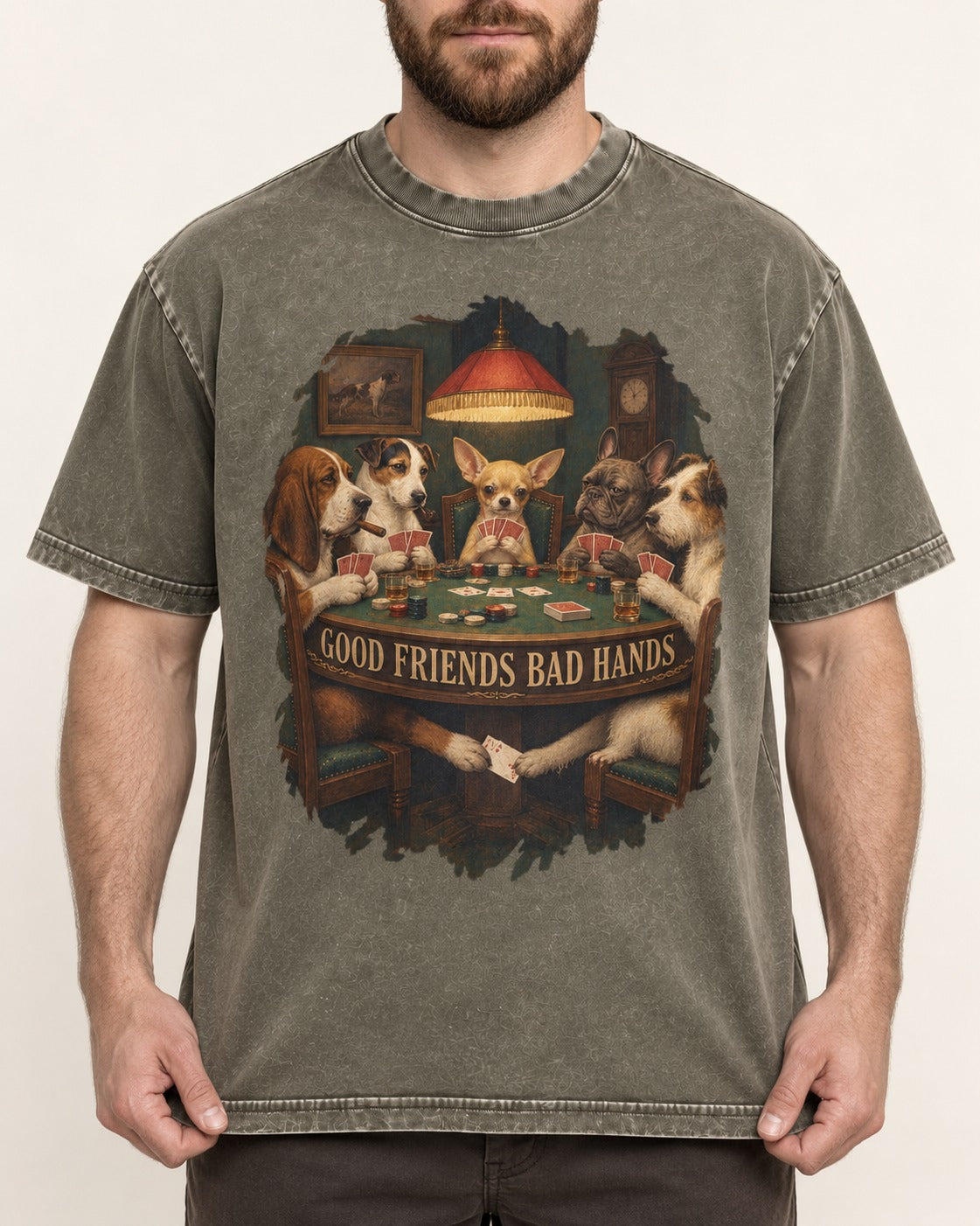 Good Friends Bad Hands Chihuahua Poker Scene Washed Tee in Army Green, worn by a model, front view