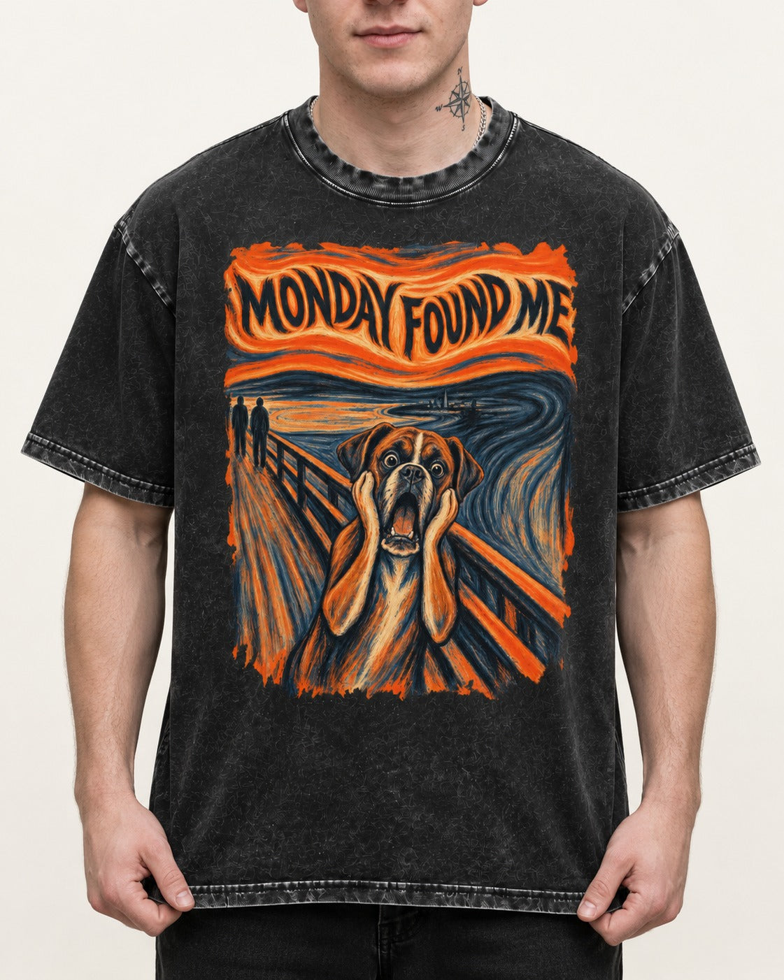 Monday Found Me Scream Boxer Washed Tee in Black, worn by a model, front view