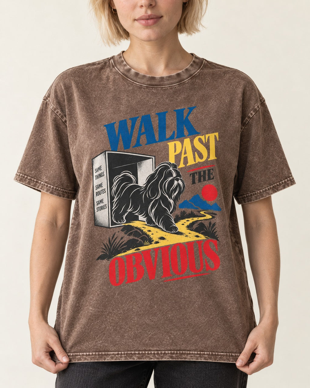 Shih Tzu Walk Past the Obvious Washed Tee in Coffee, worn by a model, front view