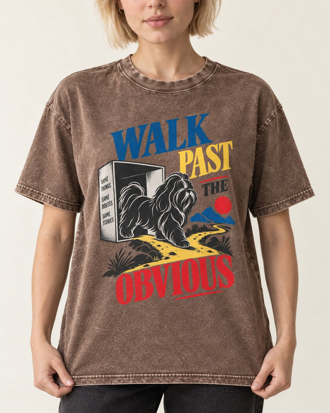 Shih Tzu Walk Past the Obvious Washed Tee in Coffee, worn by a model, front view
