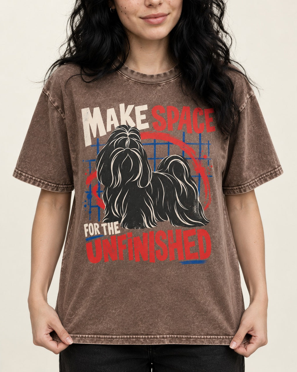 Shih Tzu Make Space for the Unfinished Abstract Circle Graphic Washed Tee in Coffee, worn by a model, front view