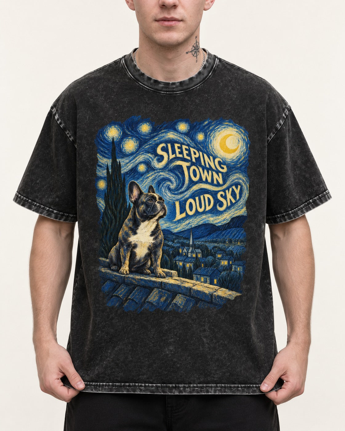Frenchie Sleeping Town Loud Sky Rooftop Graphic Washed Tee in Black, worn by a model, front view